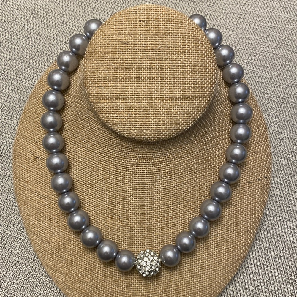 Vintage Large Gray Faux Pearl Choker Necklace with Jeweled Center Silver Tone